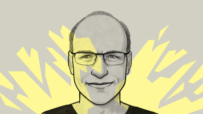 Illustration of a smiling man with short hair and glasses - on a grey and yellow background