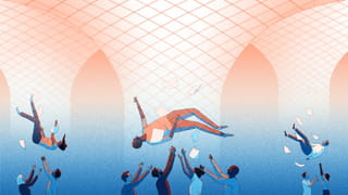 Illustration of three people falling from the sky trough nets, surrounding by paper. People underneath them have their hands up, either catching them or trowing them back up. The top of the background is orange with a gradient into blue at the bottom. 