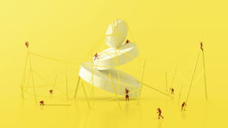 Illustration of people working together, balancing a set of white pills with sticks and rope - against a yellow background.