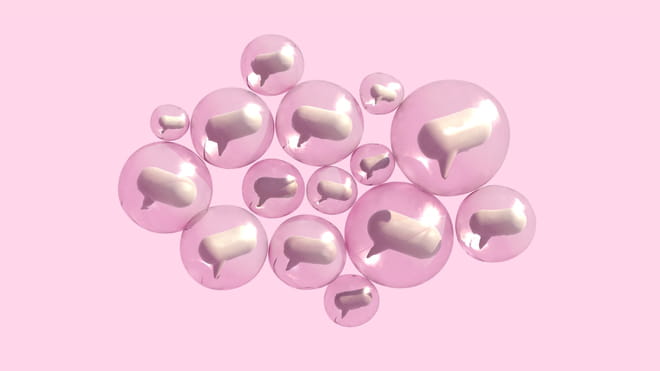 Pink background, animation of clusters of 3D looking off-white speech bubbles in pink transparent bubbles