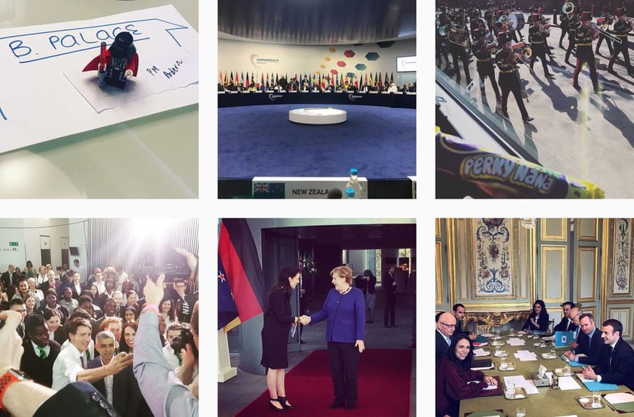 Instagram screenshot of her and Merkel shaking hands, her looking at a marching band, her taking a selfie with Justin Trudeau, a photo of a toy on a desk and her at a conference.