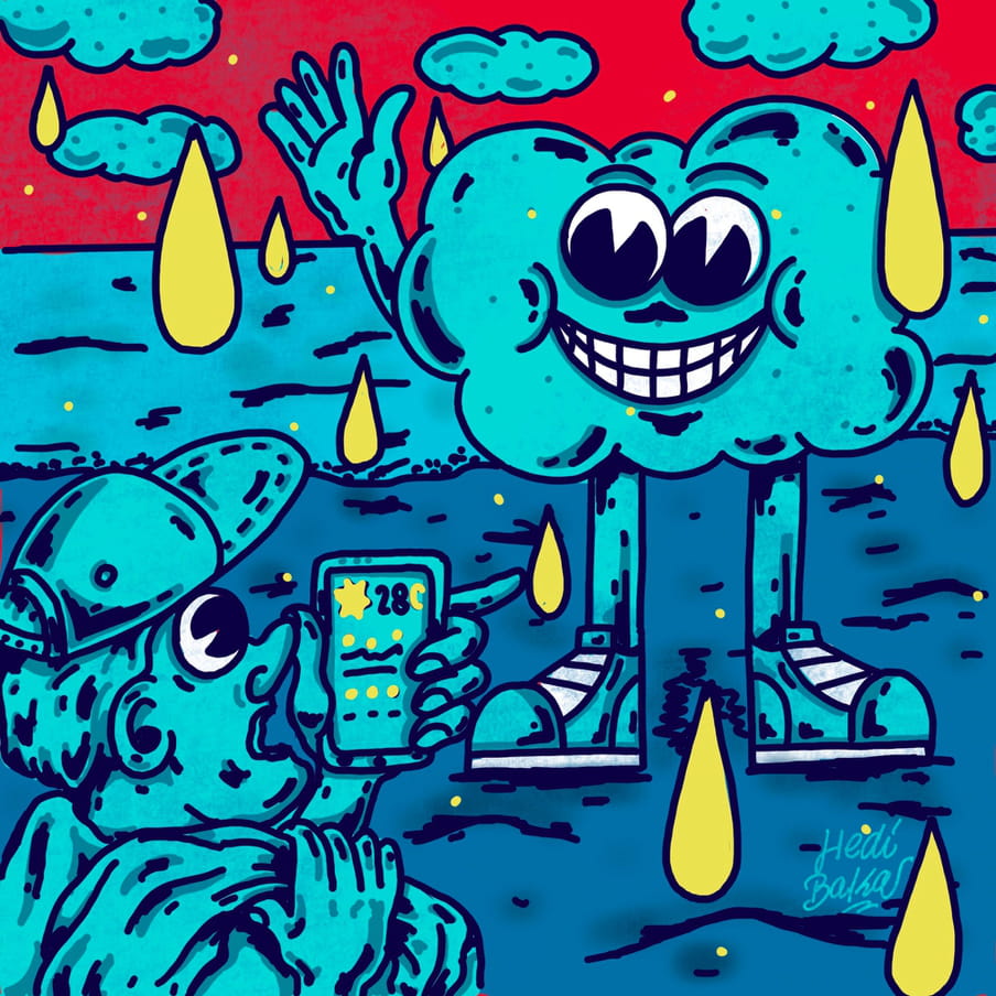 A caricature of a blue man in a cap bottom right, with big eyes and looking like he is gasping, checking his phone’s weather app (which says 28 degrees). Amidst a red sky of blue clouds, we see a blue cloud with legs, trainers and hands waving into the sky, smiling a full set of teeth at the man in the cap.