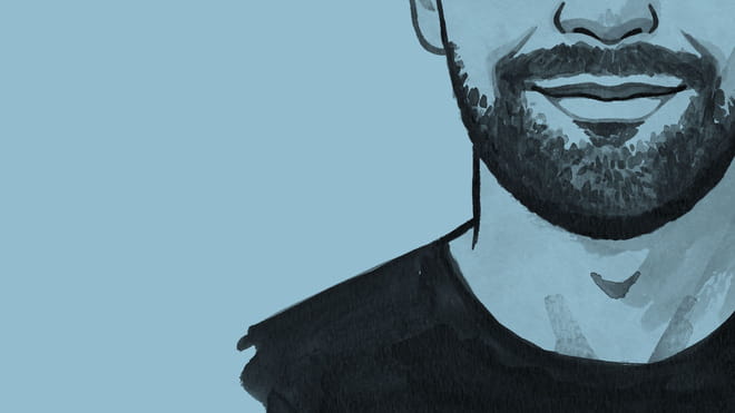 Hand drawing of a close up of a man on light blue background.