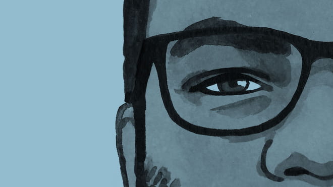 Illustrated avatar of a man with glasses, a close up of his eye, half his nose and his ear - on a blue background