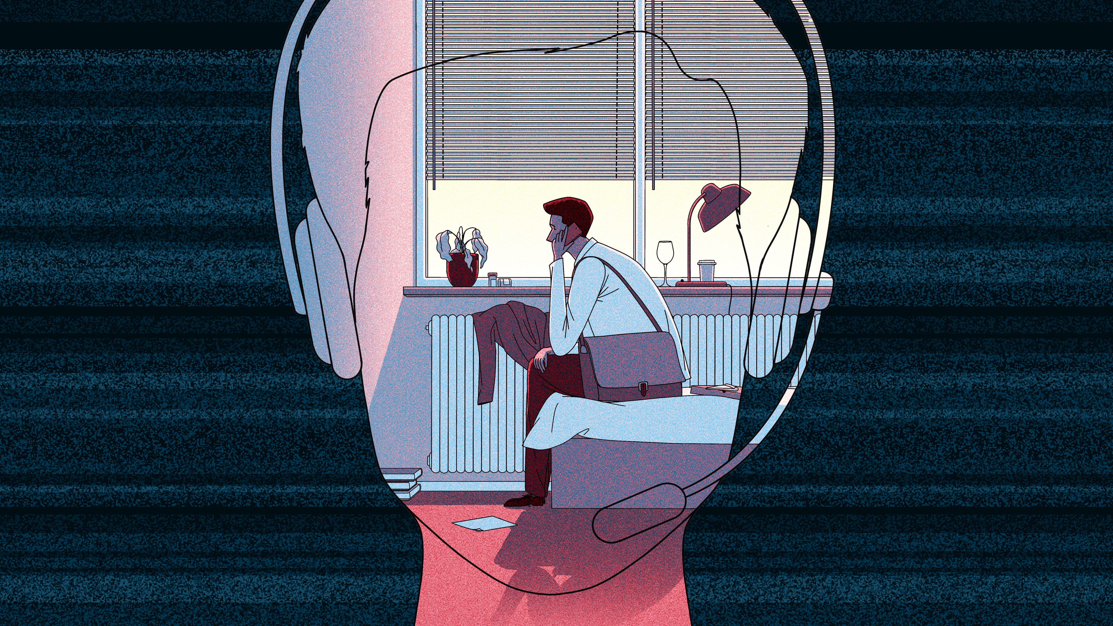 Illustration of a head wearing headphones with a mic, in it a person is shown sitting on a bed, calling. He’s still wearing his jacket and carrying his coat.