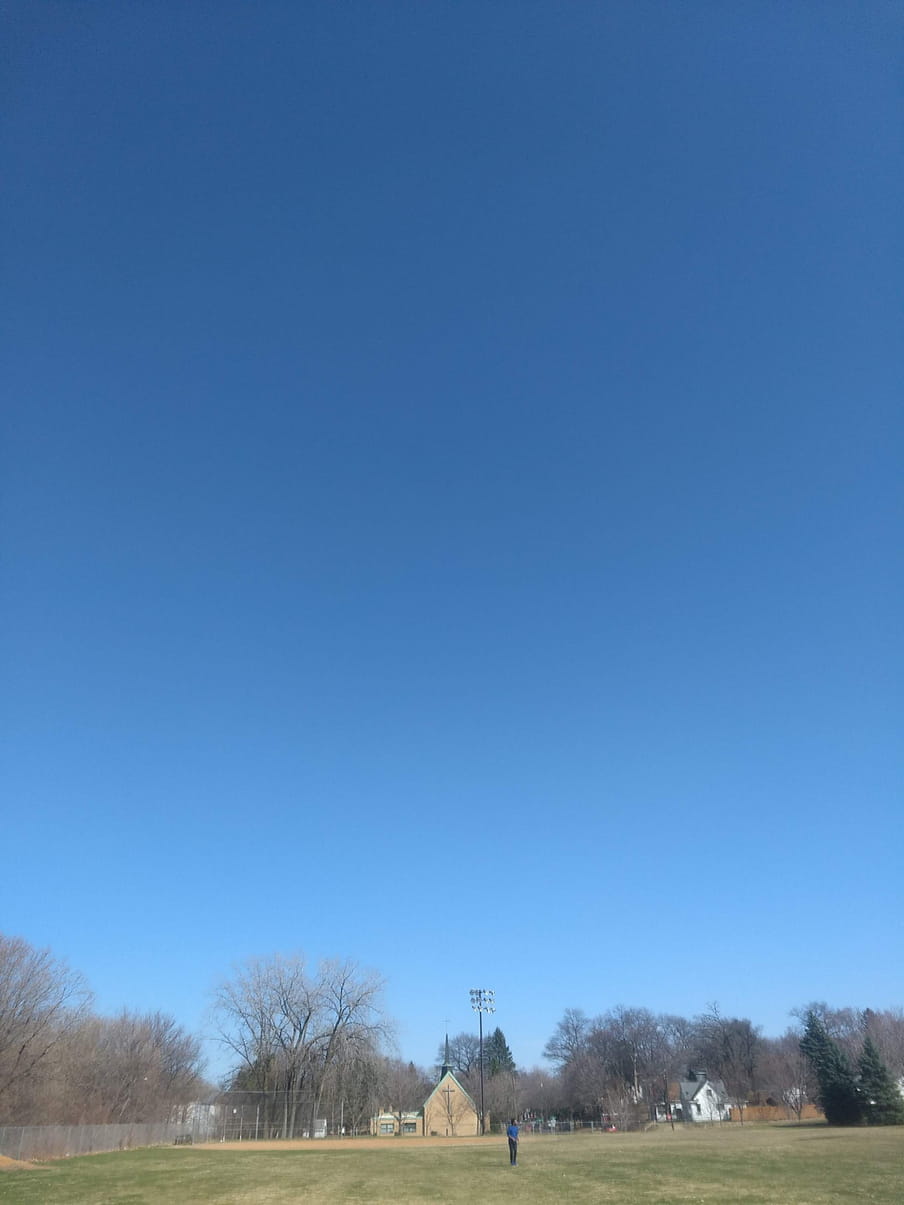 Vertical image of people playing in a park with a dark blue sky overhead