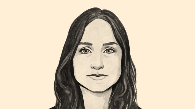Illustrated avatar of a woman big eyes and long dark hair on a yellow background, Sanne Blauw.