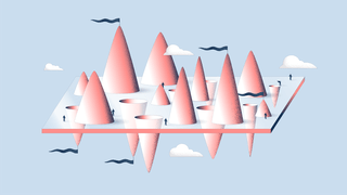 Illustration of a floating rectangle with pink cones sticking out, with black flags on top and white clouds surrounding it. There are small human-like figures standing on top of it. 