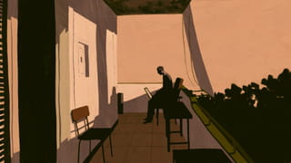 Illustration in peachy tones of a man with a laptop sitting on a balcony.