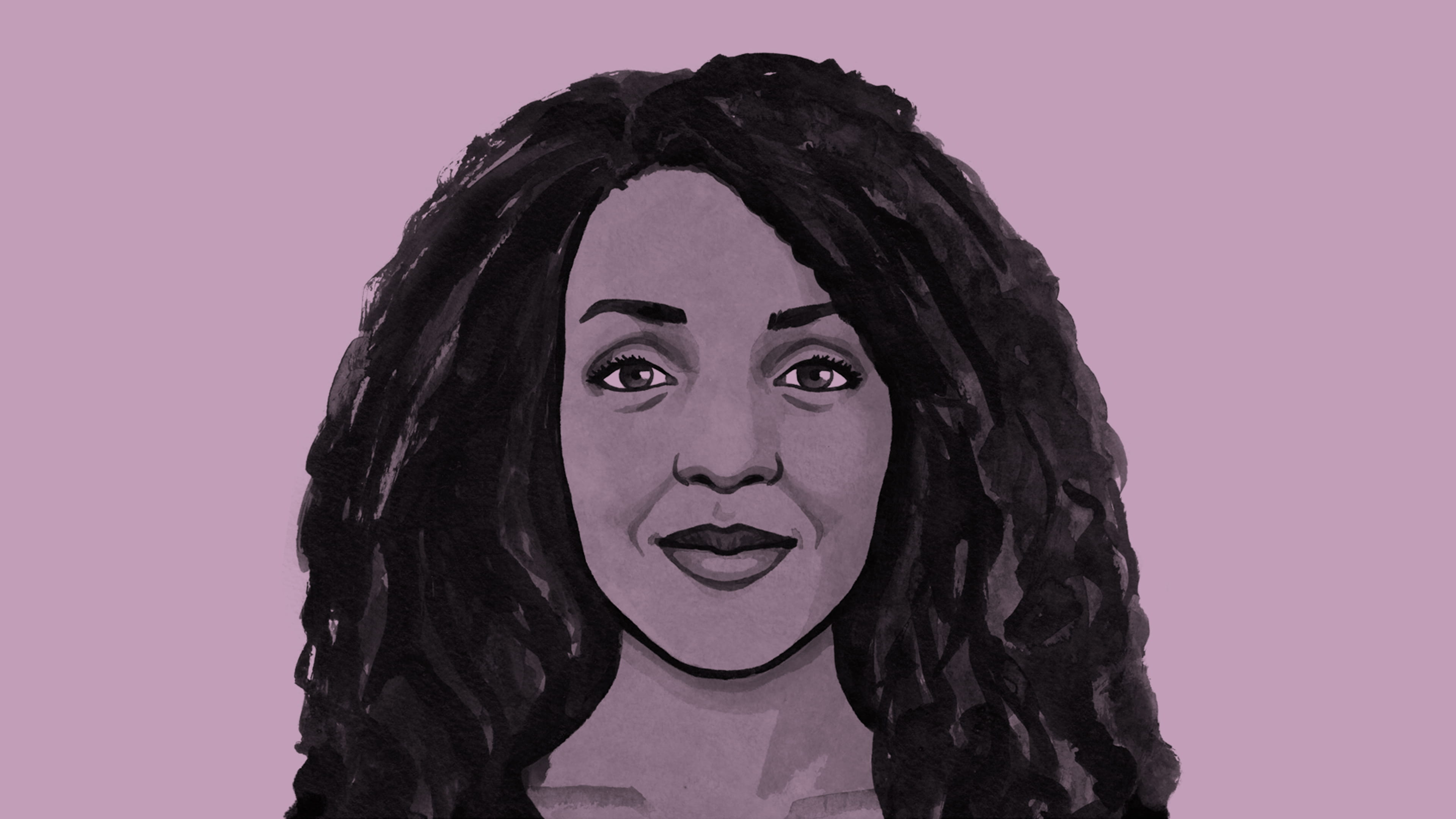 Hand drawn illustration of a woman with long wavy hair, smiling - Nesrine Malik - against a purple background.
