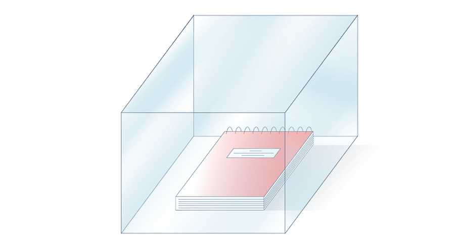 Illustration of a glass box filled with a notebook