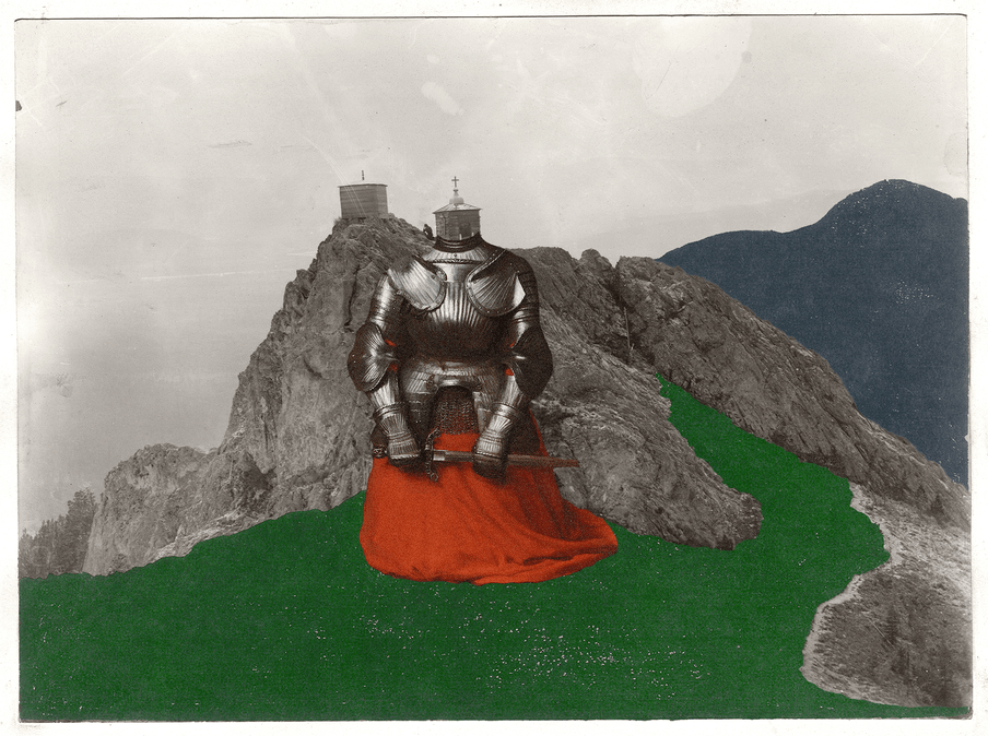 Collage of a grey cliff side set against a lighter grey backdrop, with a darker grey cliff to the right back. On greenery all around, the top half of a suit of armour appears to sit, with a red skirt, armoured hands holding a weapon. The head appears as a domed building with a cross coming out of it, and there is a domed building with something come out of it also at the top edge of the cliff.