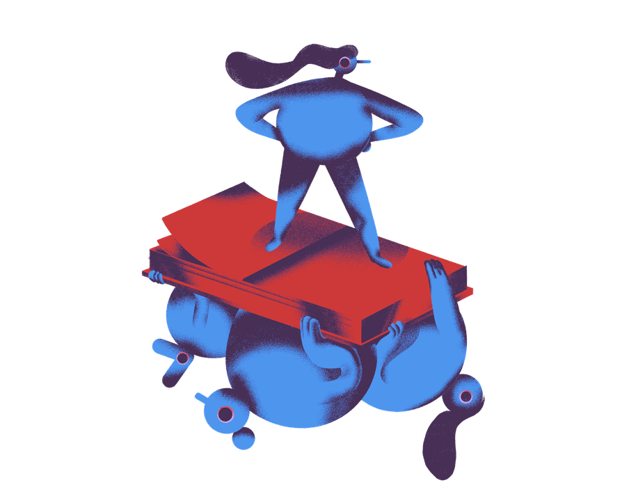 Illustration of a blue figure standing on a floating red book, three blue figures sit on the bottom
