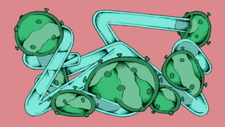 Illustration of a turquoise colour set of tubes at right angles from each other, with a sort of green mass with dots around it oozing out of it at angles, overwhelming the structure, against a pink background. 