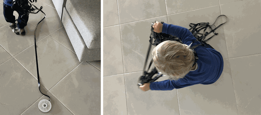 There are two photos. The one to the left shows a child’s feet with unrolled film and a film reel on the floor. The one to the right shows a child’s head as the child plays with tangled up film roll.