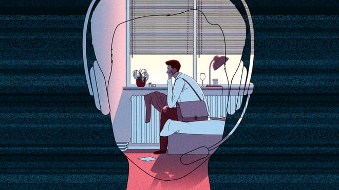 Illustration of a head wearing headphones with a mic, in it a person is shown sitting on a bed, calling. He's still wearing his jacket and carrying his coat.