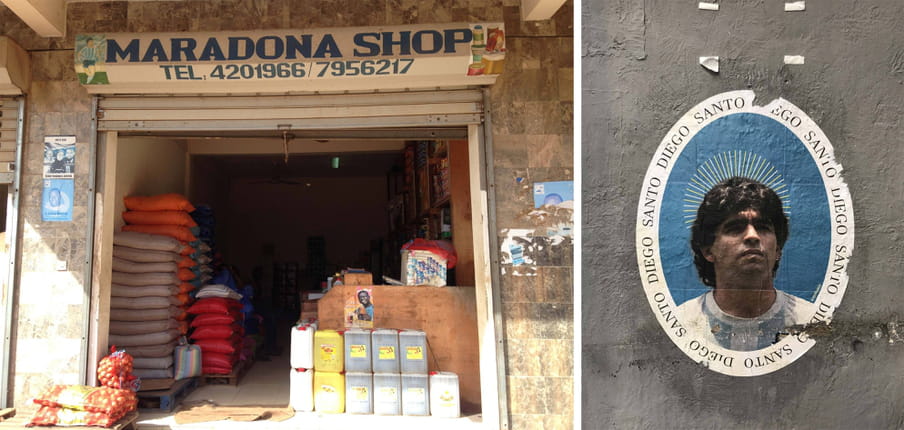 Two photos one next to another. The one to the left shows the entrance of a shop selling seeds and more (in Banjul, The Gambia) called Maradona Shop, with an image of the footballer next to the name. The one to the right shows a poster in Naples that is oval and shows Maradona’s face in the middle with an aureola over the head, mimicking religious images of saints. It says Santo Diego (Saint Diego) repeated several times around the face. 