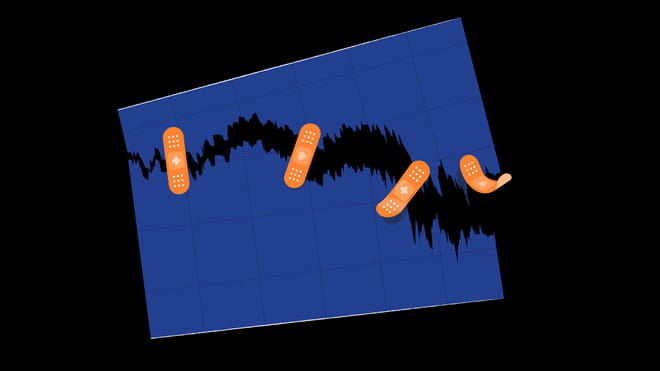Illustration: a rectangle purple piece of graph paper with dotted lines dividing into squares is suspended against a black background. There is a zig zag resembling a stock market downwards drop on this graph which gets deeper and bigger and leaks into the black background, and three orange plasters are trying to keep it patched together (the paper appears torn); one plaster is flying off the side. By Leon de Korte 