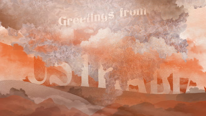 Illustration of an old looking postcards stating 'Greetings from Australia', covered in smoke and fire