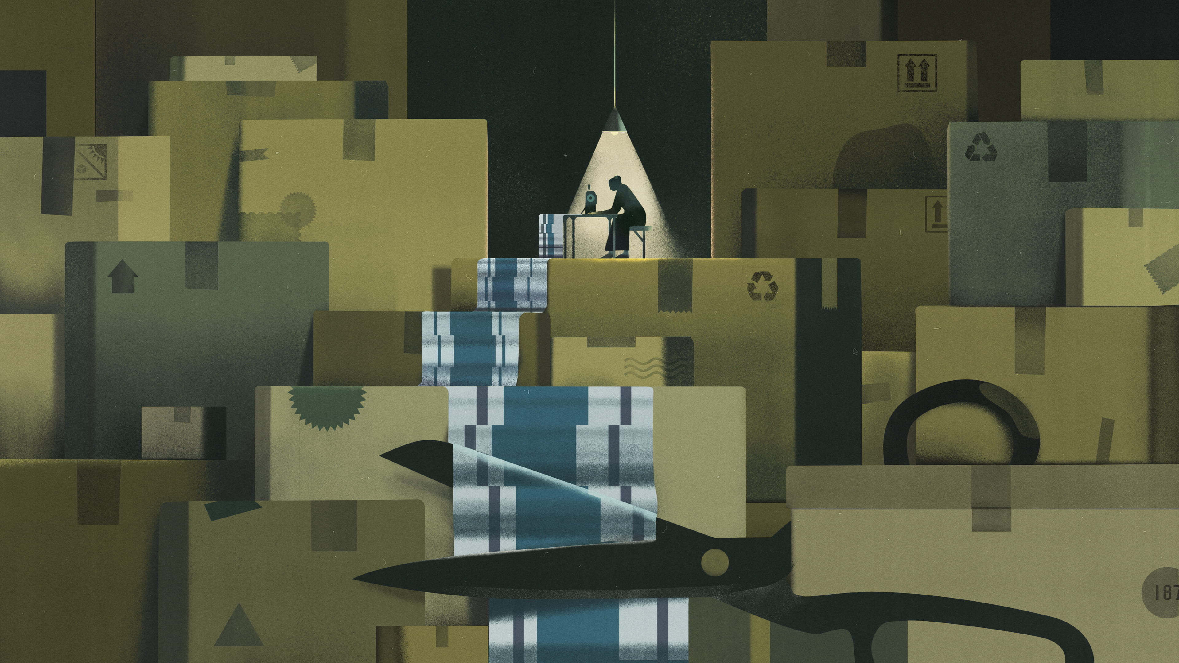 Illustration of khaki green boxes layered against each other, with giant black scissors open between them to the bottom half of the image. Central, at the top, a lampshade illuminates a dark figure leaning across a table and presumably sewing, in a triangle of light
