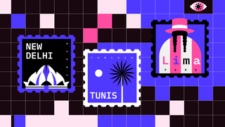 Against a mainly black background of black squares lie three stamps. The stamp on the left has a purple corrugated border, image of a white mountain against a black backdrop, and says 'new delhi'. The stamp in the middle has a corrugated white border, a black and white palm tree against a lilac backdrop, and small white moon, and says 'tunis'. The stamp to the right is of a pink and white headed person with two black plaits and a hat against a lilac background, and says Lima
