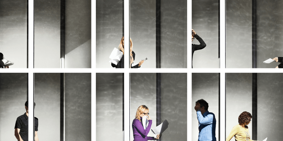 Six photos taken of the same spot from across a building, through a window with a bar running down it, the sunlight falling into the room. The beam on the window obscures different individuals at each shot, such as a figure with blonde hair and in purple holding papers to their face, or an arm out of shot in the photo top right.