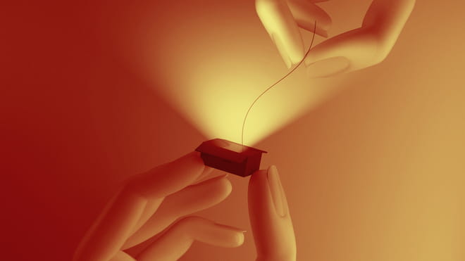 Illustration of two hands holding a small box, pulling out a thread. A light shines out of the box.