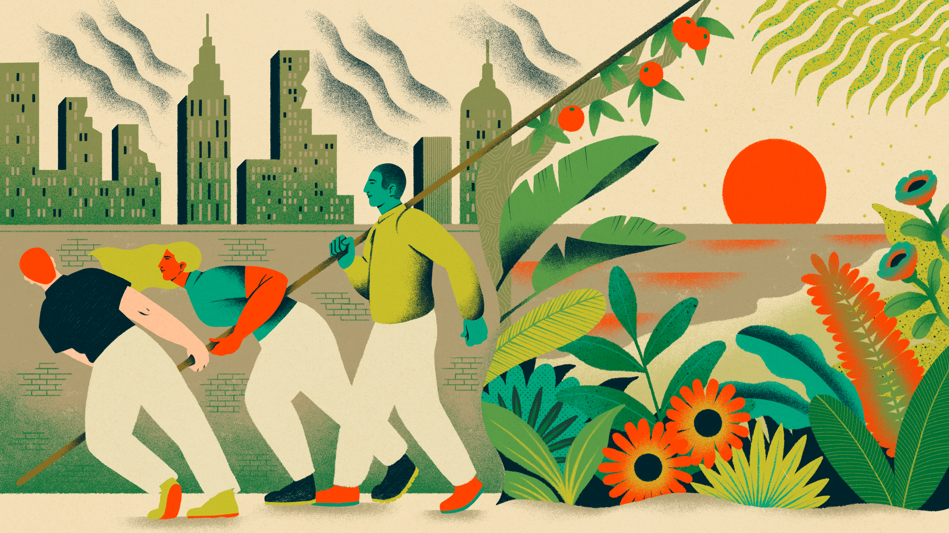 Illustration with three human figures carrying a long wooden stick which becomes an apple trees. On the back ground a city landscape and on the right a natural landscape.