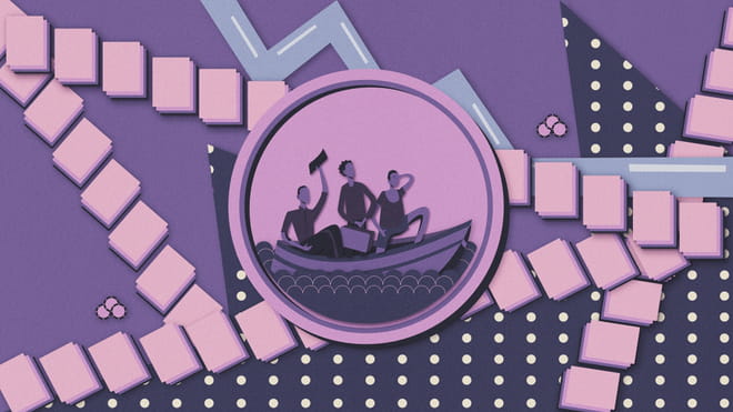 Illustration of a coin depicting a boat with three people on it. In the background we see a trail of papers on top of a purple background. The right side of the background is dark purple with dots, the left is light purple with grain.