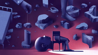 Illustration by an artist, an interpretation of sanity. Front and centre a chair is illustrated with half a person sitting on it, and fragmented body parts are spread throughout the image. Several visual metaphors related to sanity are in the images such as obstacles in the form of rocks, shoes scattered around, a hand with a rock attached to a string above a vase, in which the form of the rock does not match the shape of the vase.