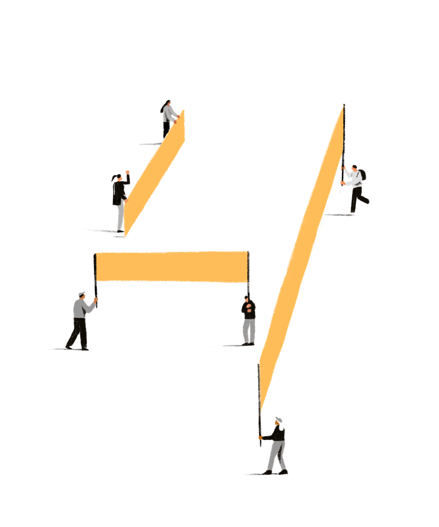 Illustration of people holding yellow banners, together forming the shape of the number 4