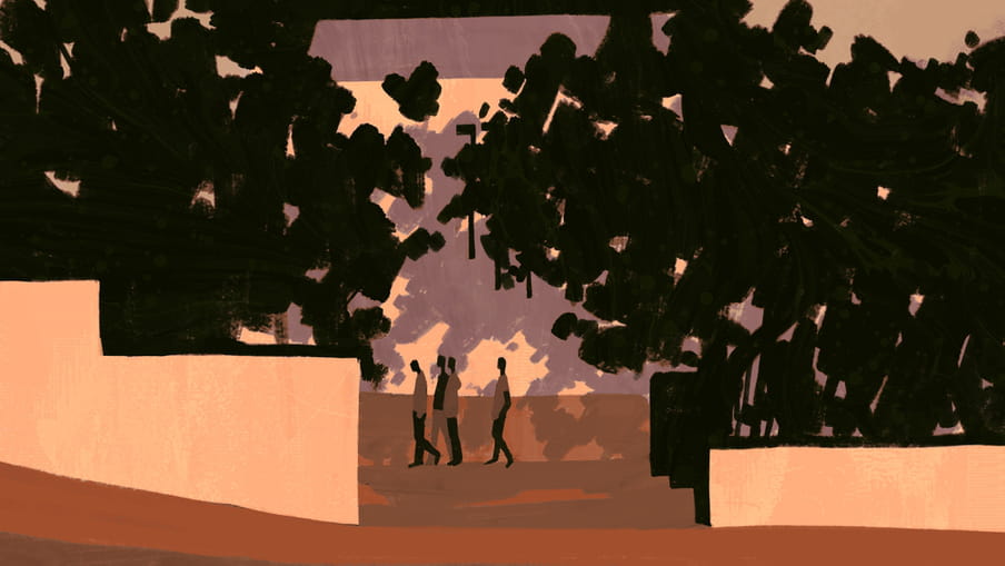 Illustration in pink, peachy and green tones of 4 silhouettes walking near a building. 