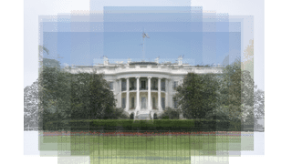 Multiple transparent images of the White House, seen from the back, are layered on top of each other. On all the edges the quantity of images is visible. Together they show a blurred image of the White House.