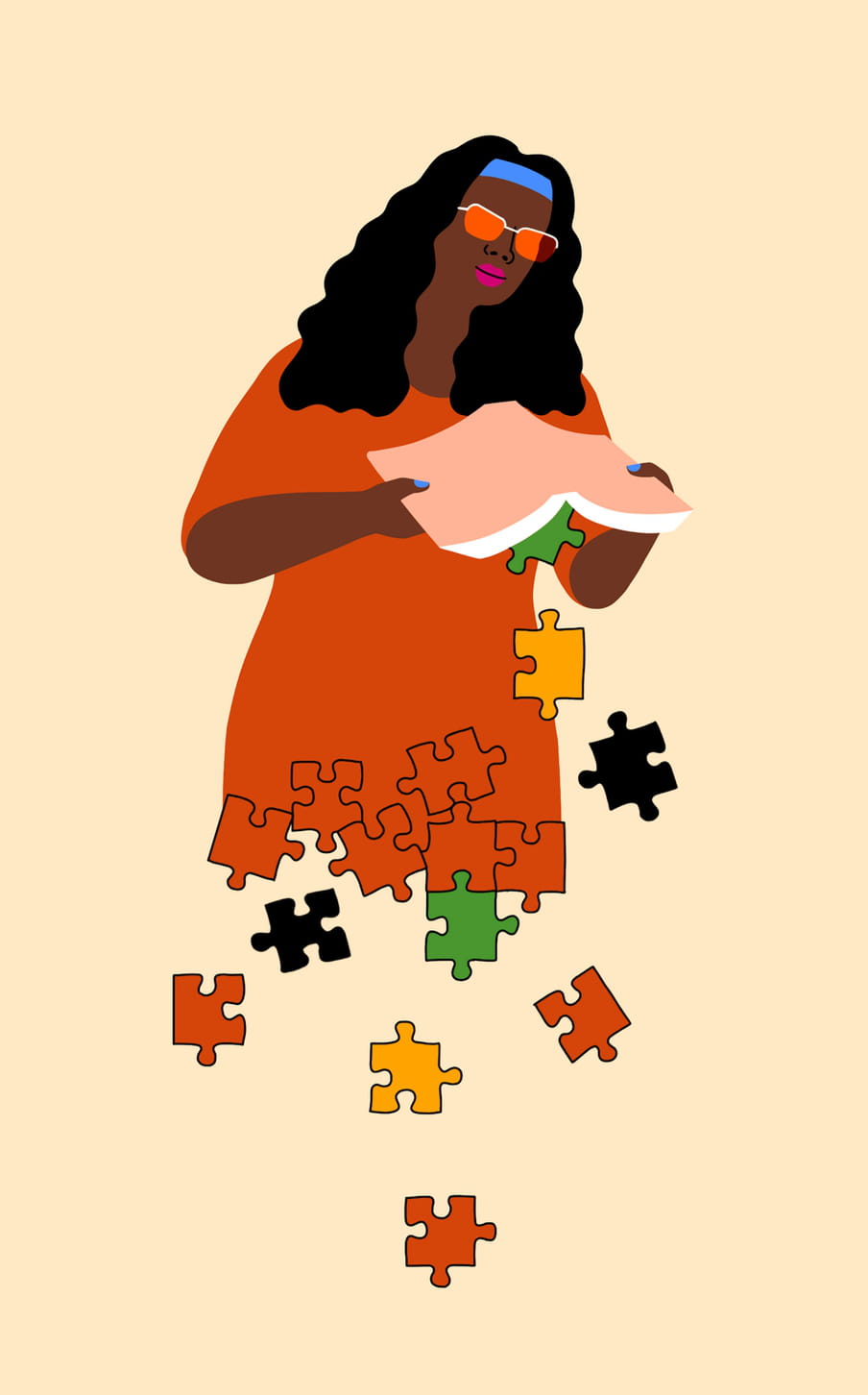 Illustration of a human figure opening a book from which puzzle pieces are falling.