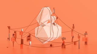 Illustration of humanlike figures working together to untangle thread surrounding an object - against an orange background