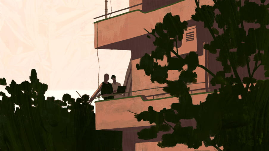 Illustration in pink, peachy and green tones of 2 silhouettes looking at a laptop computer on a balcony.
