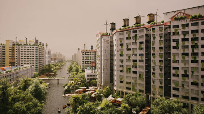 Constructed photo of a cityscape showing large apartment buildings with plants everywhere and windmills on the top of buildings