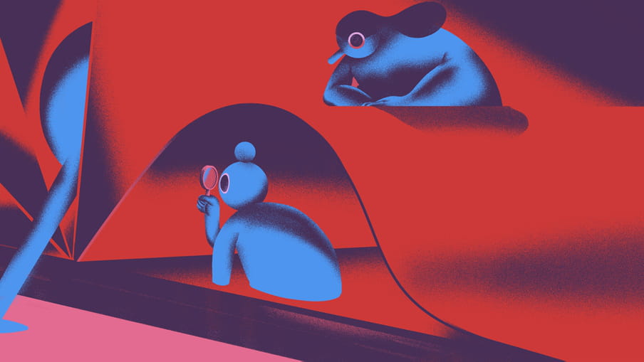 Illustration of blue figures examining a big red book