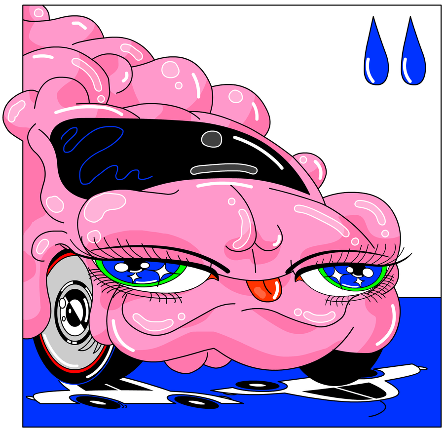 Illustration of a large, half melted, pink SUV with eyes as headlights and a tongue that is sticking out