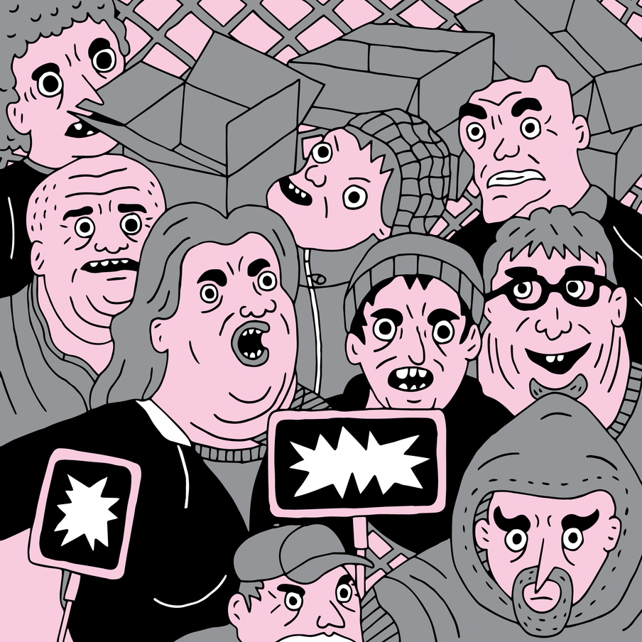 Illustration of human figures faces in pink and black