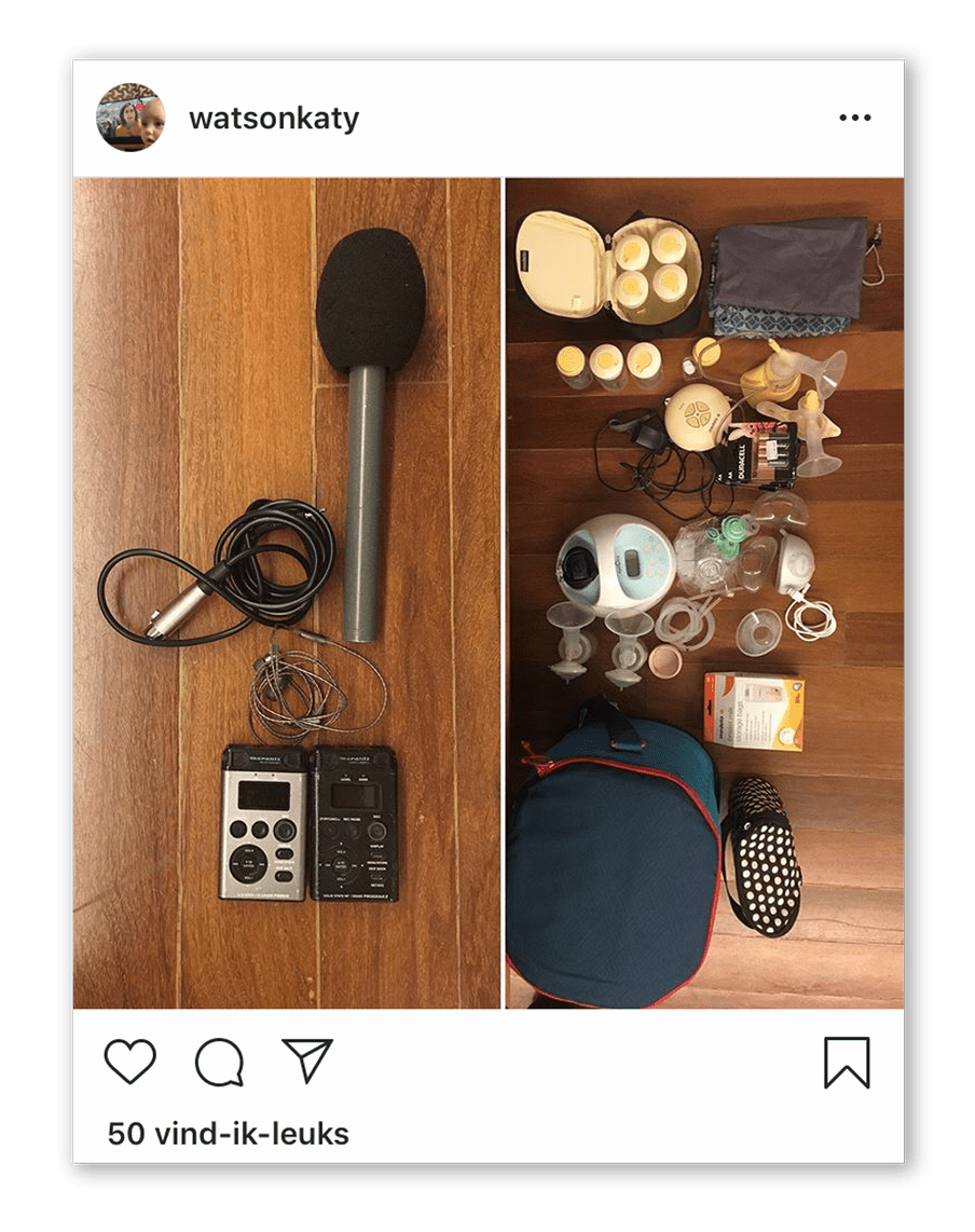 A radio set and a breastfeeding set side by side in an instagram post form vind-ik-leuks