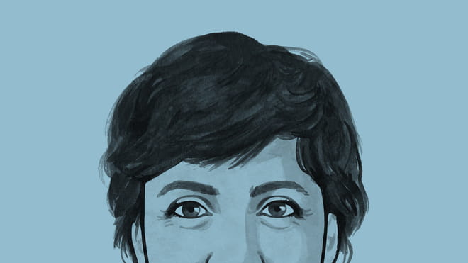 Illustrated avatar of a woman with short hair from the nose up, to the top of her head - on a blue background.