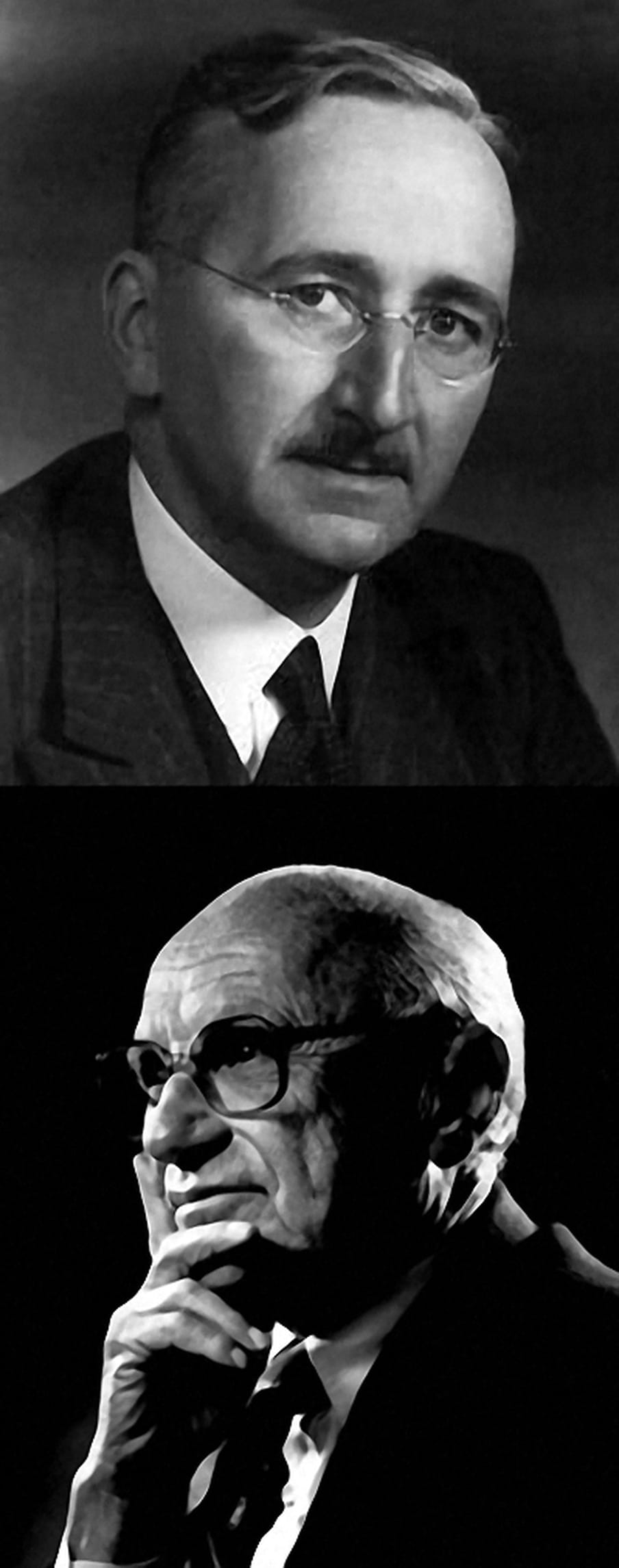 Portraits of two men, both wearing glasses. One is bold, one has a mustache.