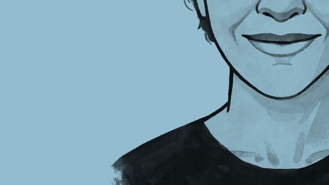 Illustration of an avatar of a woman smiling, cropped from the nose up until the bottom of the neck - on a blue background