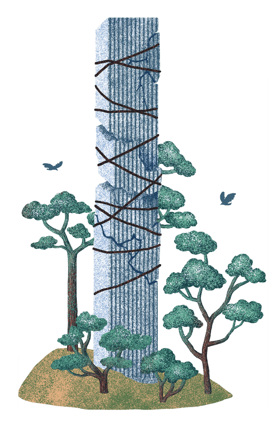 Illustration of a building with cracks in it and rope holding it together, young plants grow around it