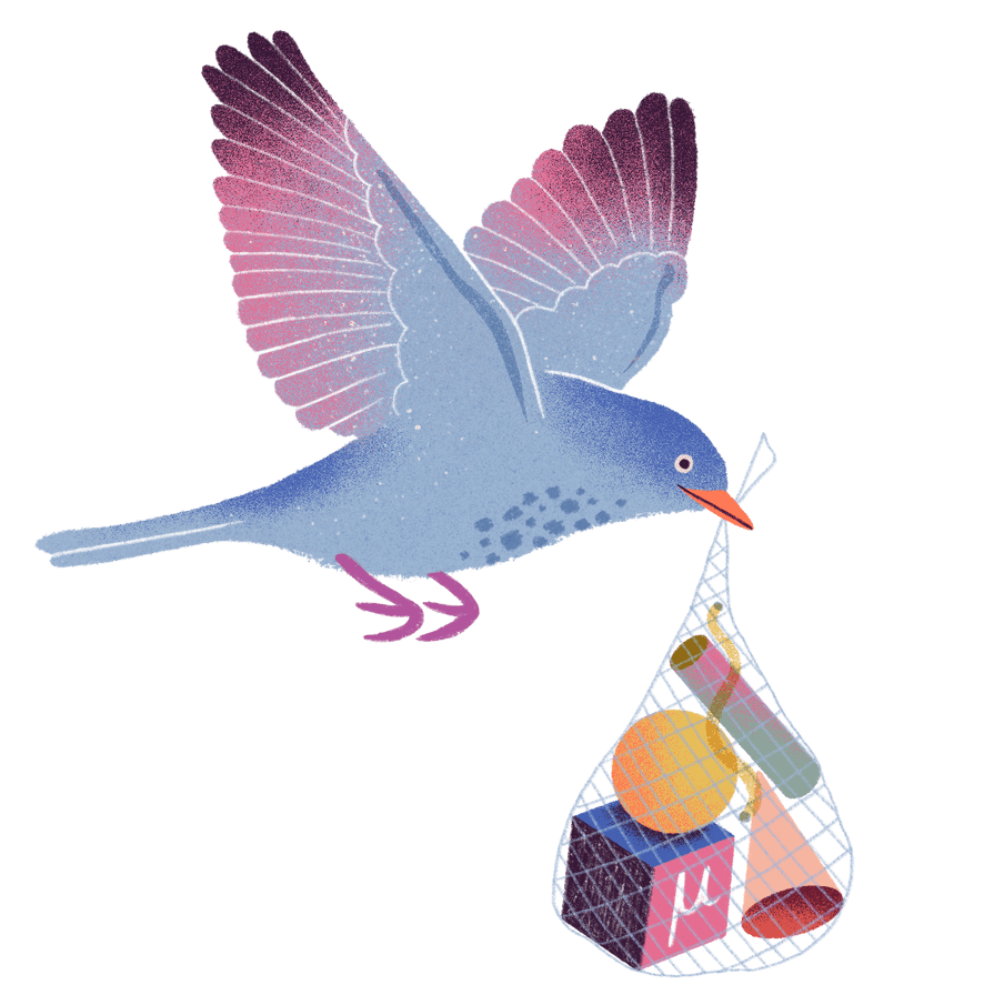 Spot illustration of a flying bird carrying a net with toys inside