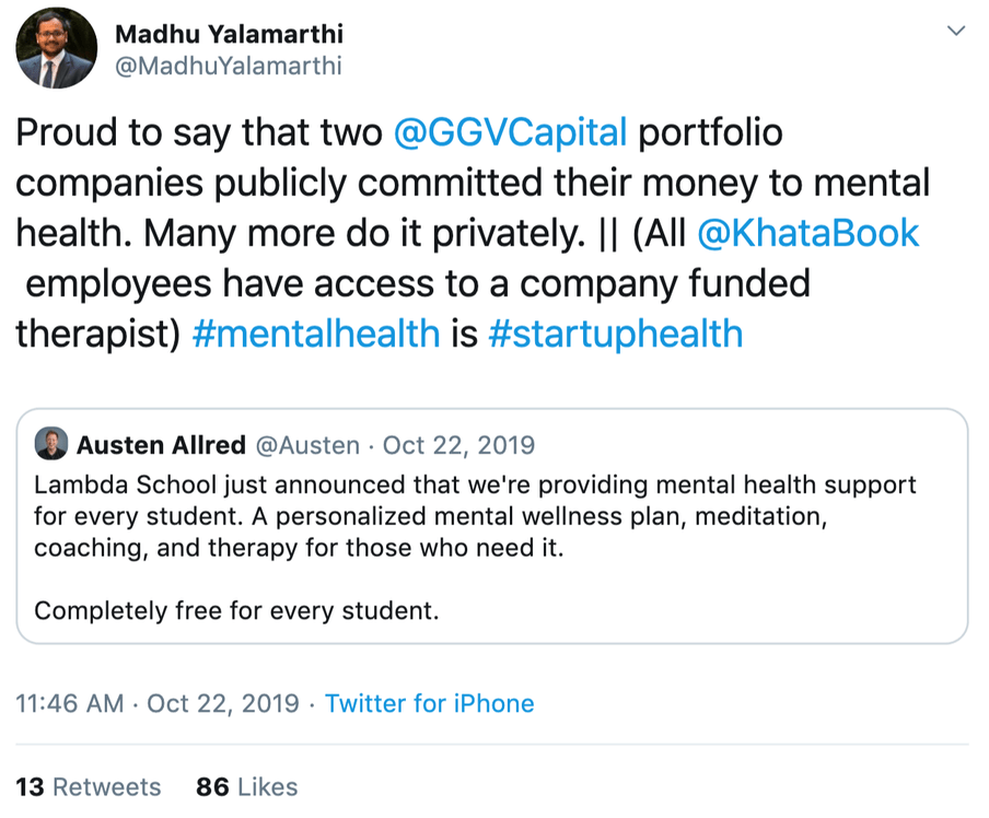 Screenshot of a tweet from an investor in an Indian company called KhataBook, which offers free therapy to all its employees