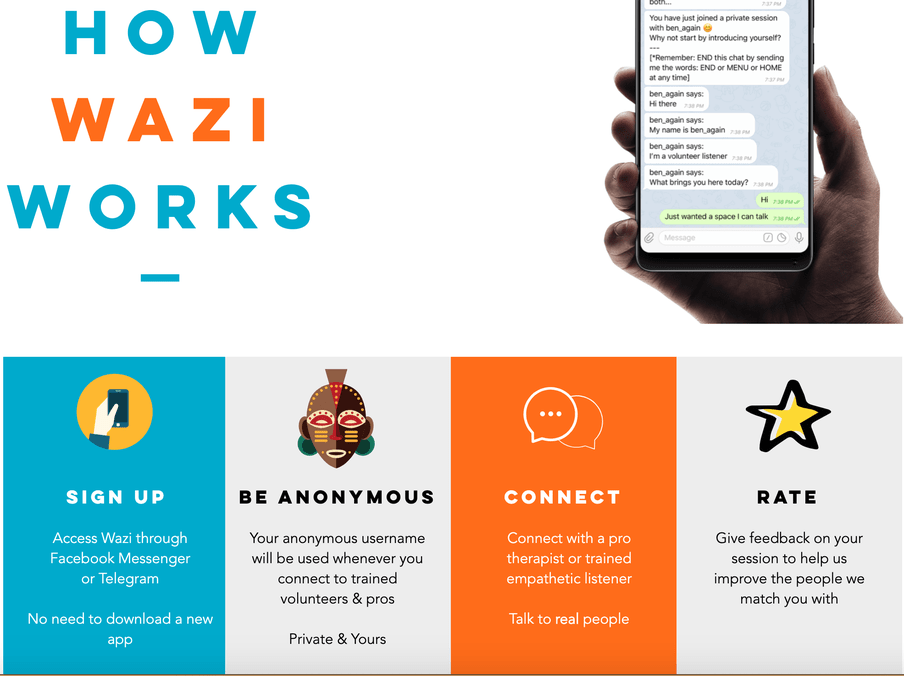 A screenshot of the homepage of Wazi, a Nairobi-based company that connects users to local therapists.