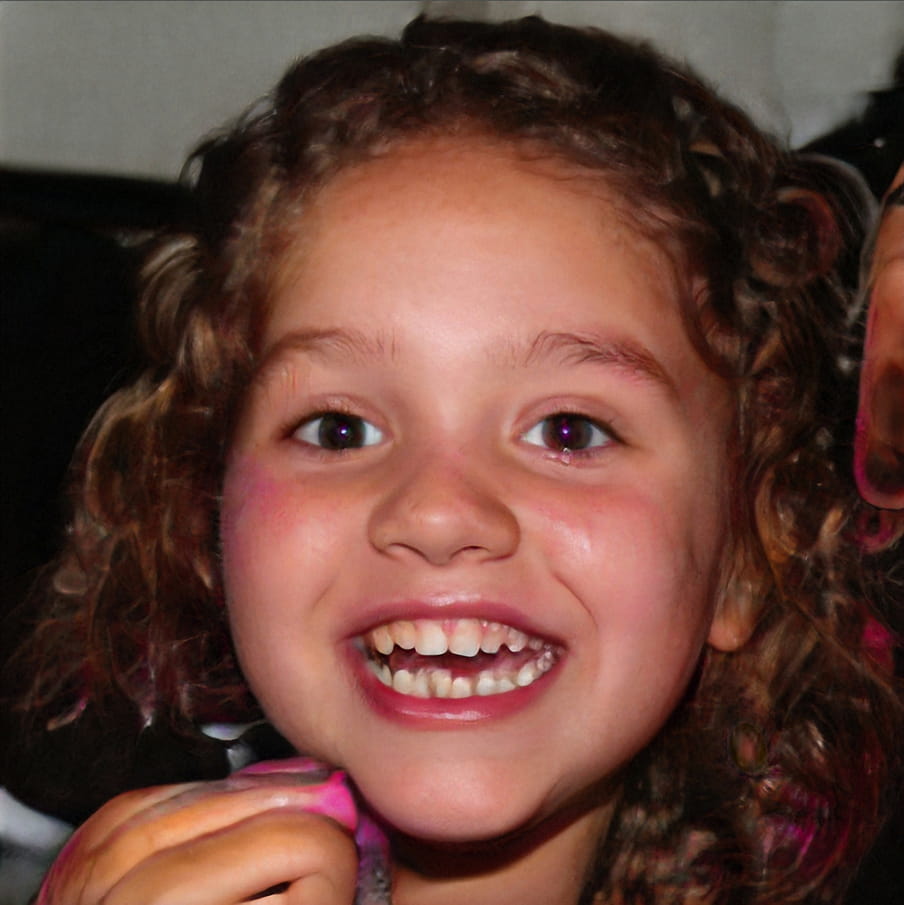 AI-generated portrait of a young girl with curls, her teeth are slightly deformed.