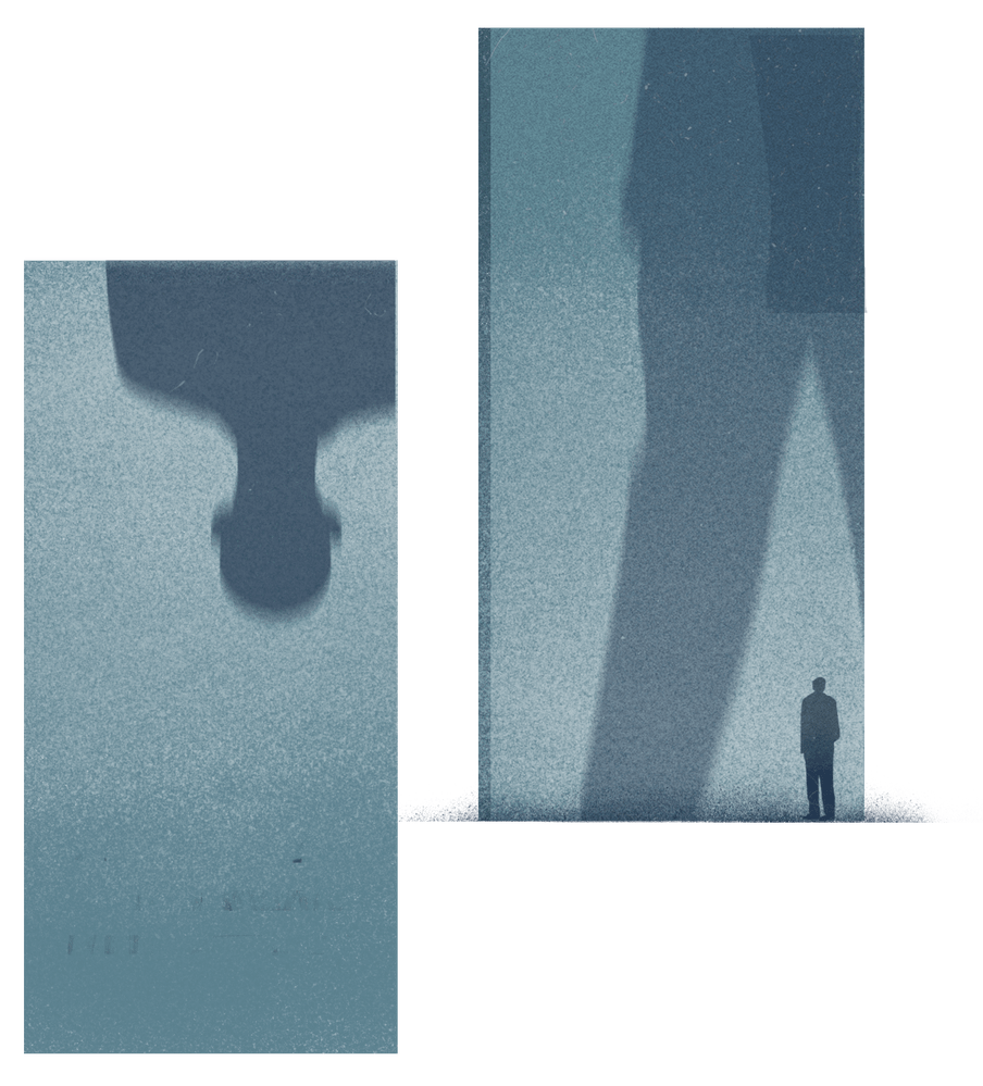 Illustration of two rectangular shapes filled with a grey and blueish tone. Within the shapes parts of a human silhouette are seen. And one rectangle has a a silhouette standing in front of it.